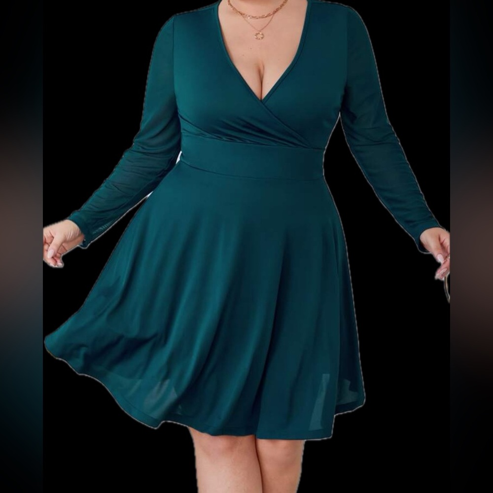 Dark green dress 1X NEW long sheer sleeves